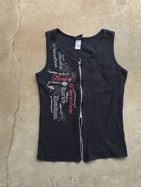 Vintage Y2K Harley Davidson Cyber Moto  Grunge Double Zip Vest Tank XL